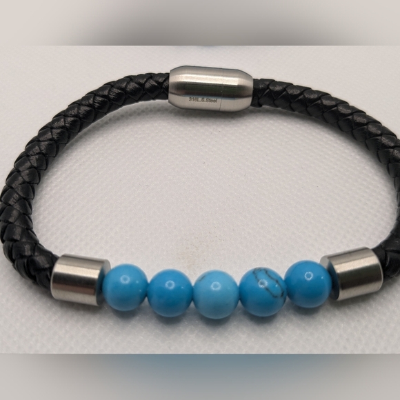 Blue Howlite Beaded Bracelet & Black Leather Stainless Steel Magnetic Clasp Set - Picture 4 of 10